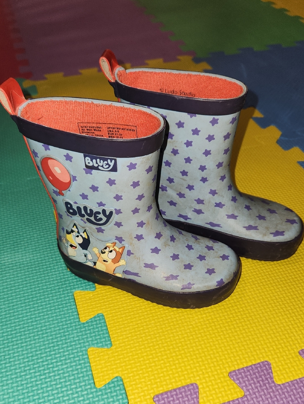 Bluey Kids Purple Star Rain Boots with Orange Lining,  Size 5/6
